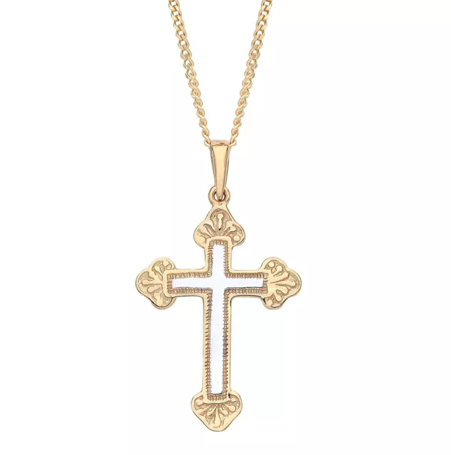 9ct Yellow & White Gold Cross Pendant Necklace + 18 inch 9ct Gold Chain