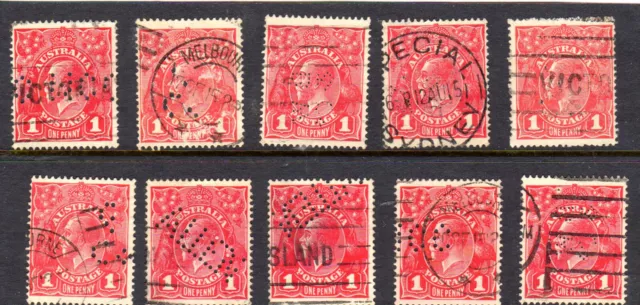 Australia 1d Red KGV Group of 10 Private Puncture Used