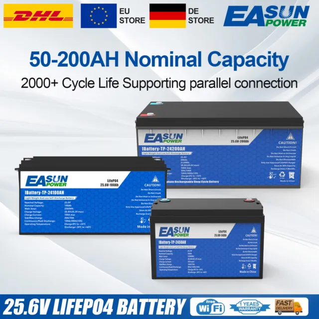 100Ah 200Ah Lithium Batterie LiFePO4 BMS Akku 12V/24V Solaranlage Reservestrom