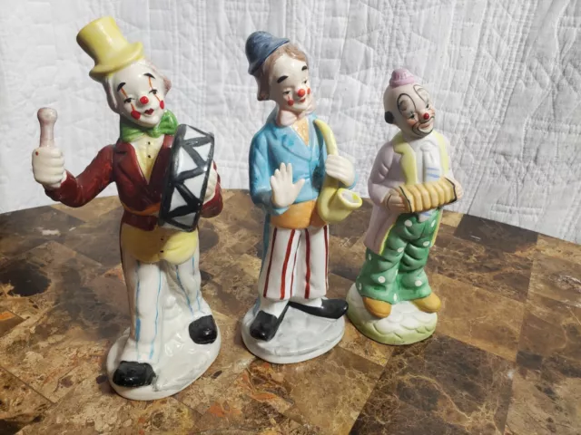 Vintage Porcelain Clowns with Musical Instruments 7 to 8" tall Lot of 3