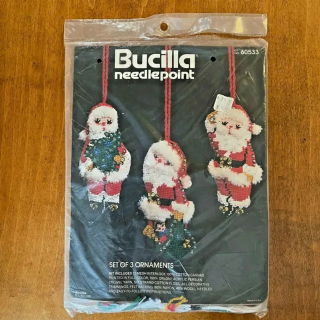 Kit de aguja Bucilla 60533 adornos de Navidad Santa conjunto de 3 nuevos en paquete