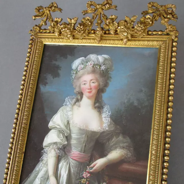 Antique c1900 French BRONZE 9" Frame ROSE SWAGS + BOWS * Madame DuBarry Portrait