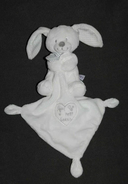 Doudou Lapin Blanc Mouchoir POMMETTE Mon Petit Coeur Echarpe Rayé Gris Etat NEUF