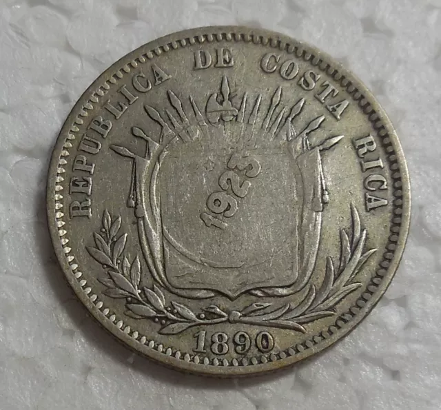 1923 Costa Rica 50 Centimos Counterstamp On 1890 25 Centavos Silver Coin