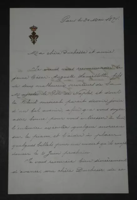 Isabelle II de BOURBON - LETTRE AUTOGRAPHE SIGNÉE à une Duchesse, 1875