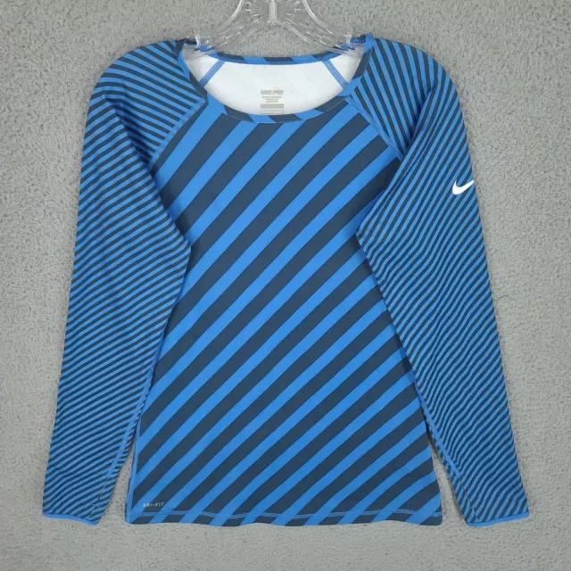 Nike Pro Top Womens Large Blue Striped Long Sleeve Pullover Running Shirt