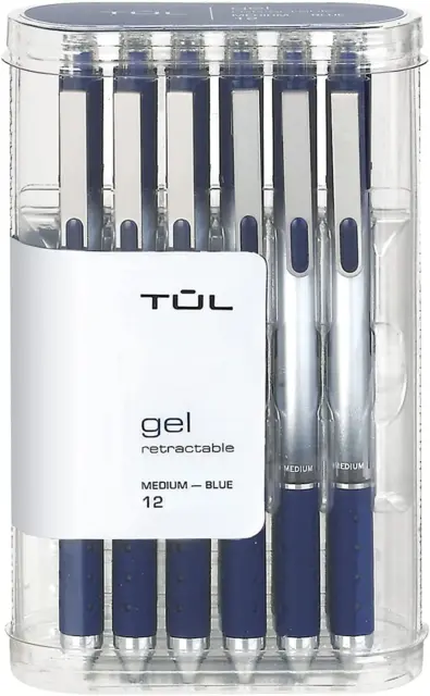 TUL Gel Pens, Retractable, Medium Point, 0.7 mm, Gray Barrel, Blue Ink, Pack 12