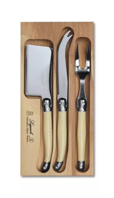 Laguiole Cheese Knife Set, Including Cleaver and Fork, 3 Piece, Ivory White