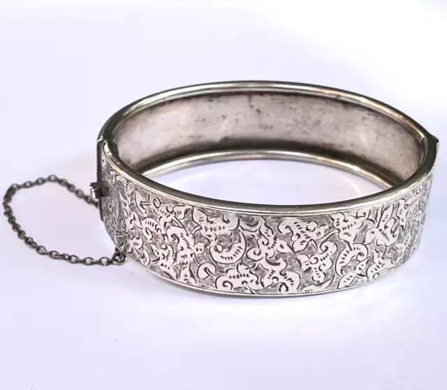 Antique Victorian Silver Wide Hinged Bracelet with Safety Chain Foliate Etched