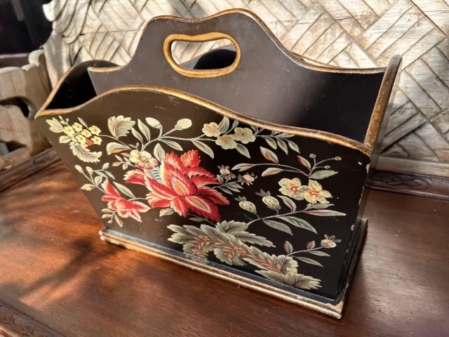 Vtg Italian Florentine Style Painted Toleware Magazine Holder Rack Gilt Floral