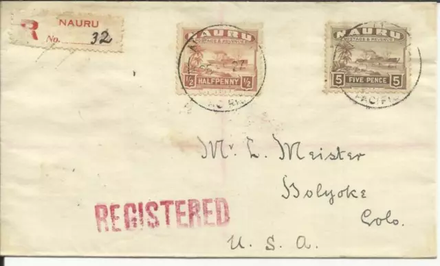 Nauru SG#26A,#33A 25/FE/27 Registered(label) to USA, backstamped
