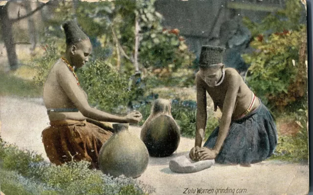 Zulu Women Grinding Corn social history Africa postcard antique printed colour