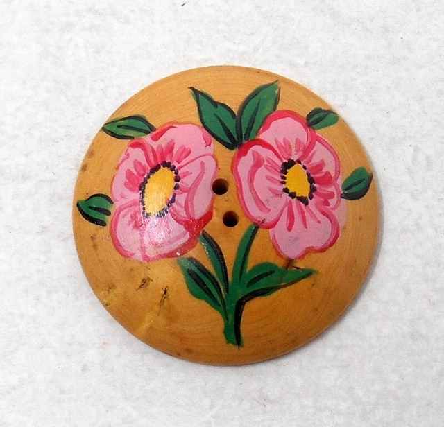 Très gros Bouton ancien - Bois décor aux fleurs peint - Mercerie vintage