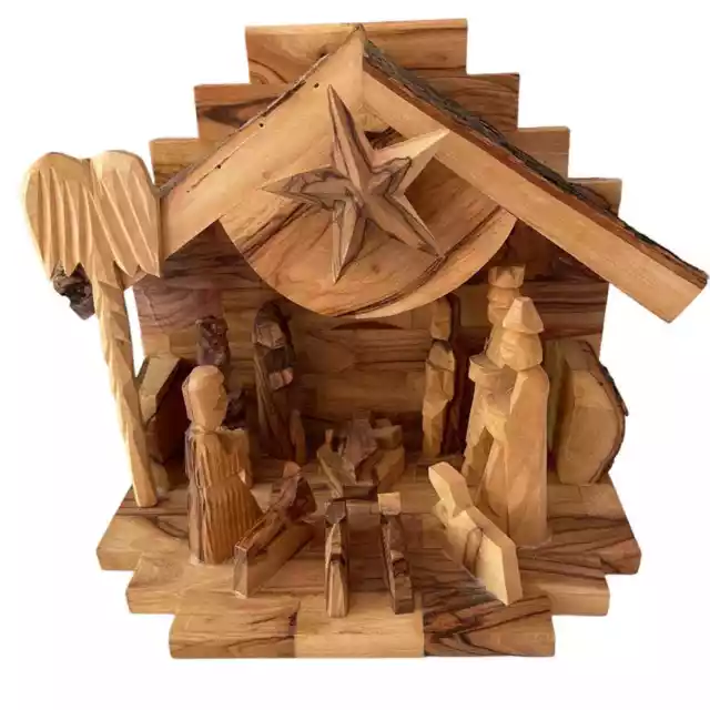 Hand carved wooden Nativity scene with crèche olive wood plays music