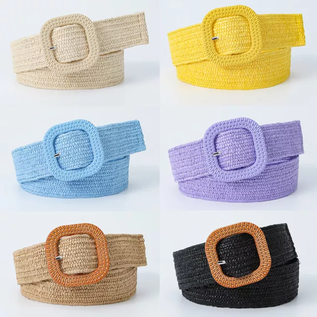 Womens Candy Color Square Buckle Pp Grass Woven Belt Elastic Wide Waistband R