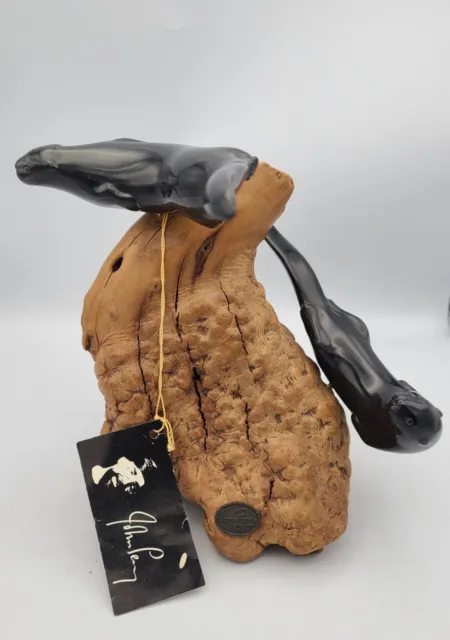 John Perry Studio Double Otters Ebonite On Burl Wood Art Sculpture