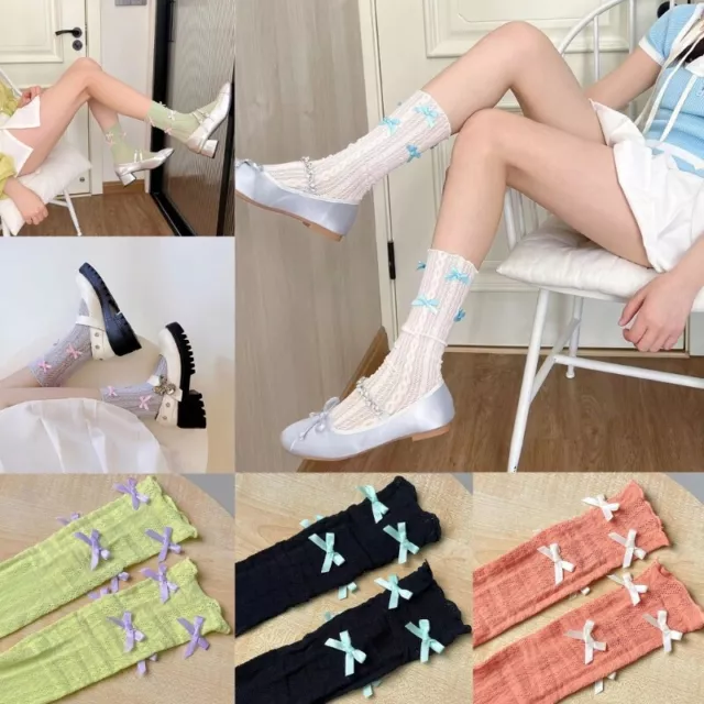 Japanese Women Girls Braided Lace Frilly Ankle Socks with Cute Colorful Bowknot