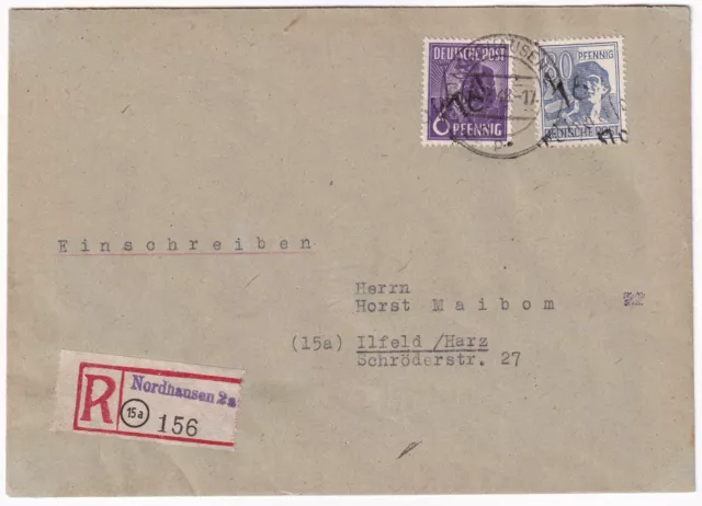 SBZ Mi.Nr. 167 & 180 Bezirkshandstempel 16 Nordhausen MiF R-Brief 1948, geprüft