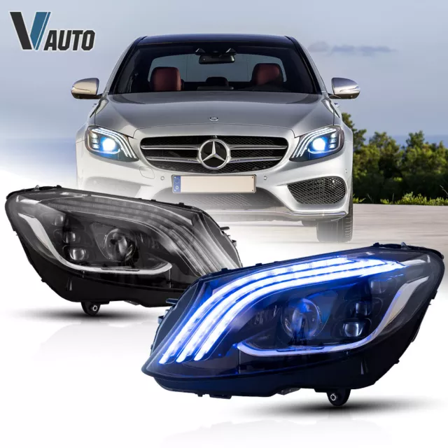 For 2015-2018 Mercedes C-Class C300 W205 LED Headlights Sequential Blue DRL Pair