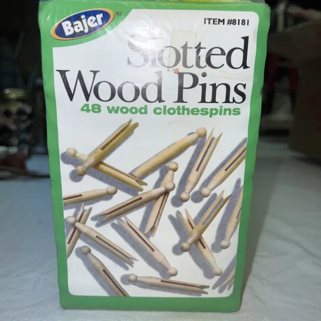 Vintage Clothes Pins Bajer Round Wood Clothes Pins Slotted Wooden 48 Pins Sealed