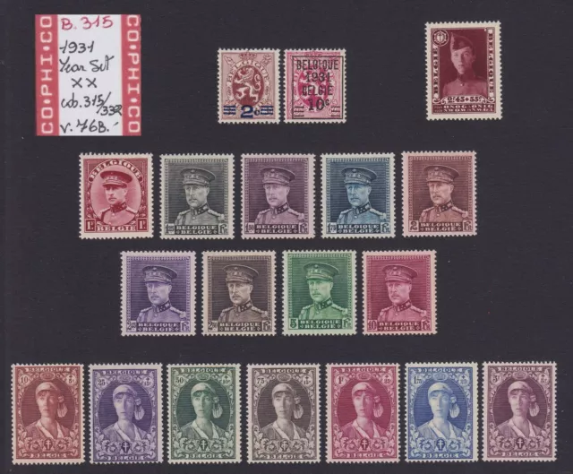 Belgium 1931 - Mint MNH Full Year stamp set Cob# 315/332 - Cat val 770€.....B315