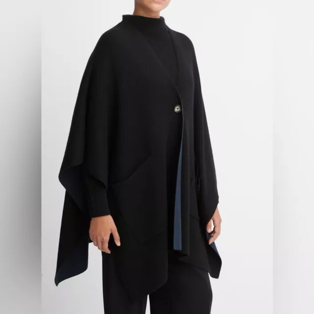 Vince Womens Wool And Cashmere Double Faced Cape Black Navy Os Nwot