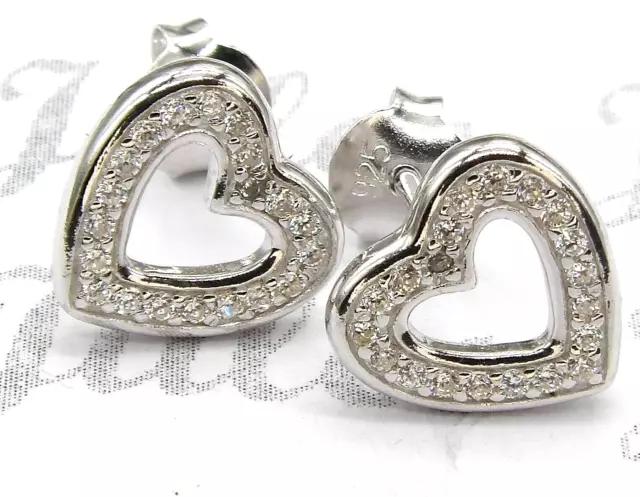 Silver Heart Stud Earrings Cubic Zirconia Halo Cluster 925 Sterling Silver New