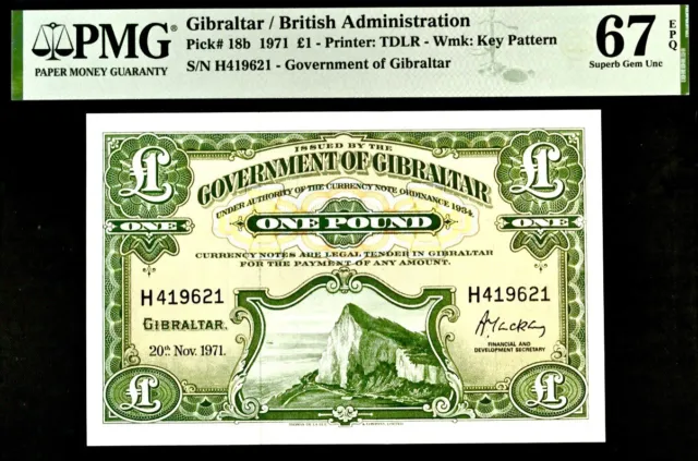 Gibraltar/British Administration 1 Pound Pick#18b 1971 PMG 67 EPQ Superb Gem Unc