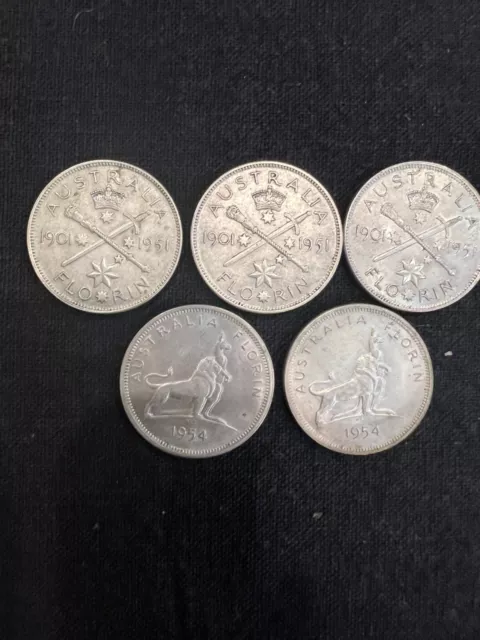 Australian Silver florins - Set of Five Commemorative coins -1951 - 1954