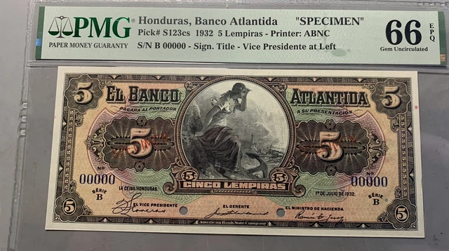 Honduras 1932 5 Lempiras / PkS123cs / PMG 66EPQ / Brilliant Color Gem!