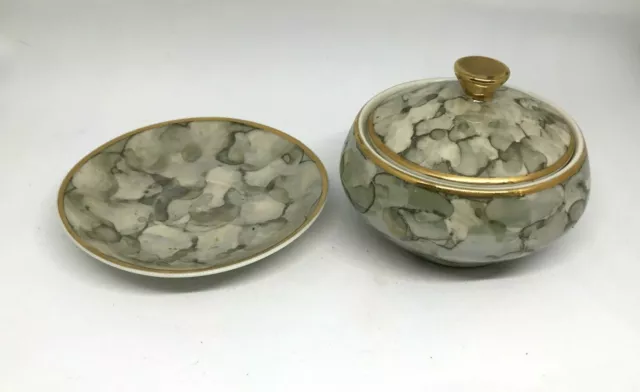 Jarolina Polish Pottery Trinket Dish Lidded Saucer Green Marble Iridescent
