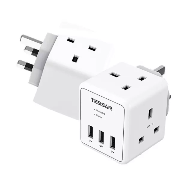2 Way Cube Extension Plug Adapter with 3 USB Ports UK Wall Power Socket for Home