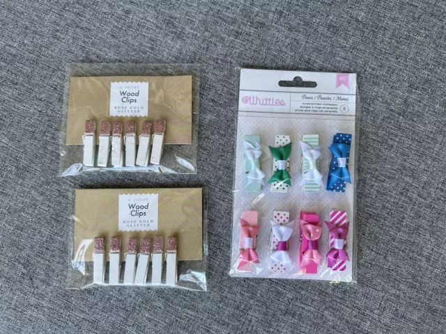 Craft Supply Lot of 3 Wooden Clothespins Clips Whittes and Rose Gold Glitter