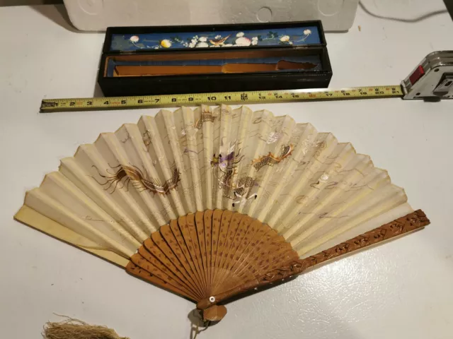 Antique Chinese Carved Sandal Wood Hand Embroidered Silk Fan with Lacquer Box
