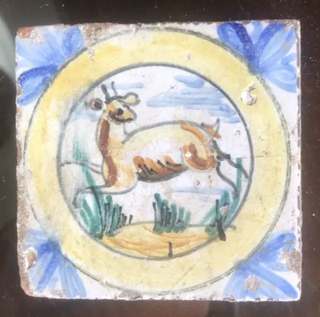 Antique  Small Dutch Delft Deer Tile Tin Glaze Polychrome ?17th or 18th Century