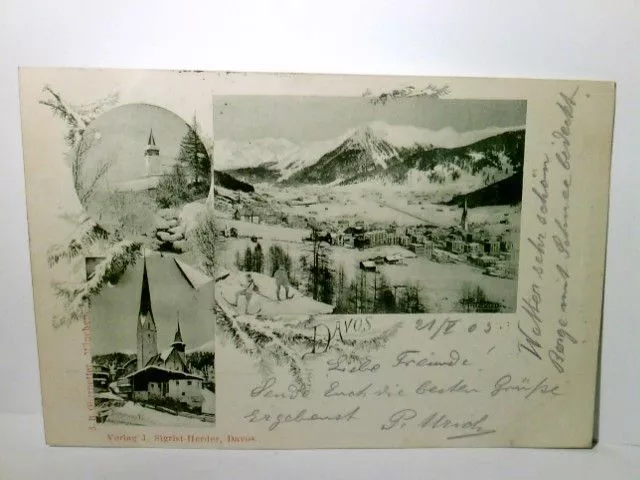 Davos. Schweiz. Alte Ansichtskarte / Lithographie s/w, gel. 1903. 3 Ansichten :