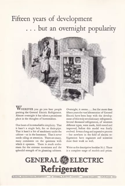 1928 GE Refrigerator Vintage Print Ad Housewife in Kitchen Open Refrigerator