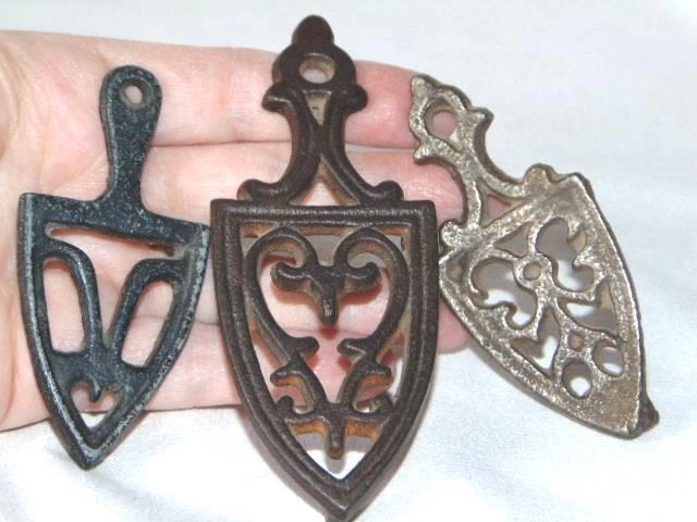 3 Old Primitive Cast Iron Miniature Heart & Geometric Trivet Stands, Toy Doll