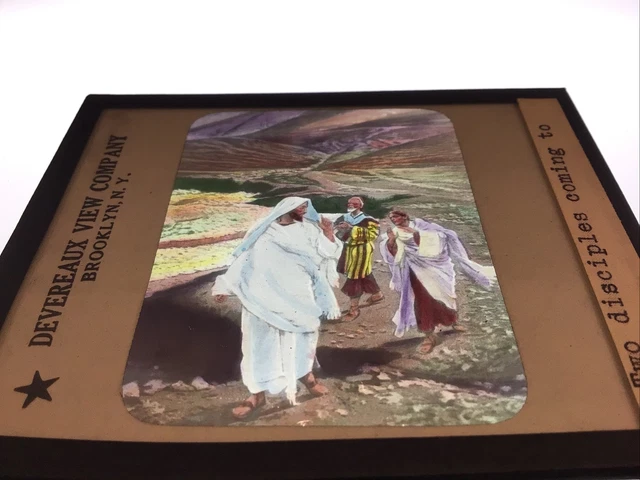 Antique Color Glass Magic Lantern Bible Slide TWO DISCIPLES COMING TO JESUS