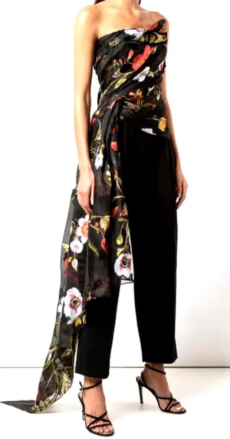 New $4,697 Oscar de la Renta 2020 Black Floral Dress Draped Sash Party Top US 4