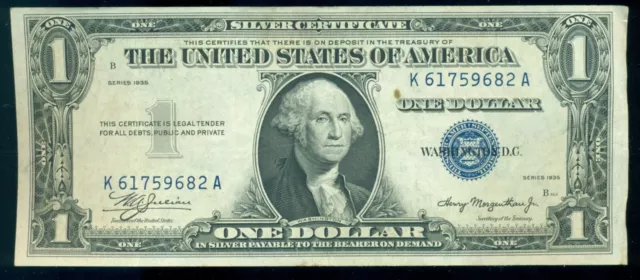 1935 $1 Dollar Blue Seal Silver Certificate XF+ K61759682A Fr.1607 Double date