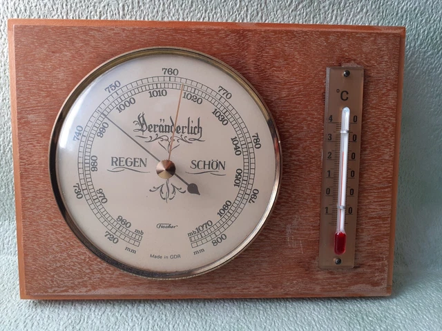 Wetterstation,,Fischer" Barometer+Thermometer Vintage GDR Messing Holz Antik