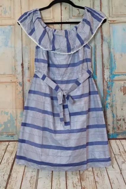 Letarte Womens Size Large Off The Shoulder Stripe Blue Dress Striped Tie Front