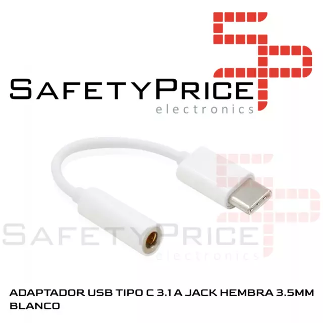 Cable Adaptador Conversor USB Tipo C Macho a Jack 3,5mm Hembra AUX Audio Blanco