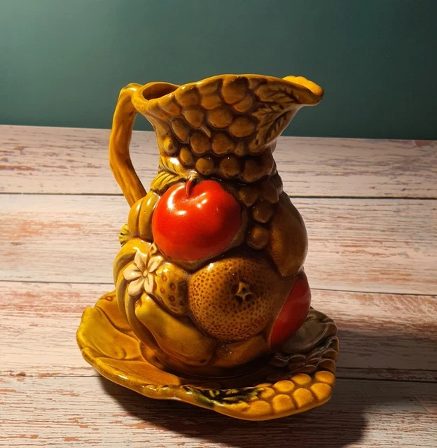 Vtg 60s Ardco Majolica Japan Small Pitcher / Tray Harvest Fruit