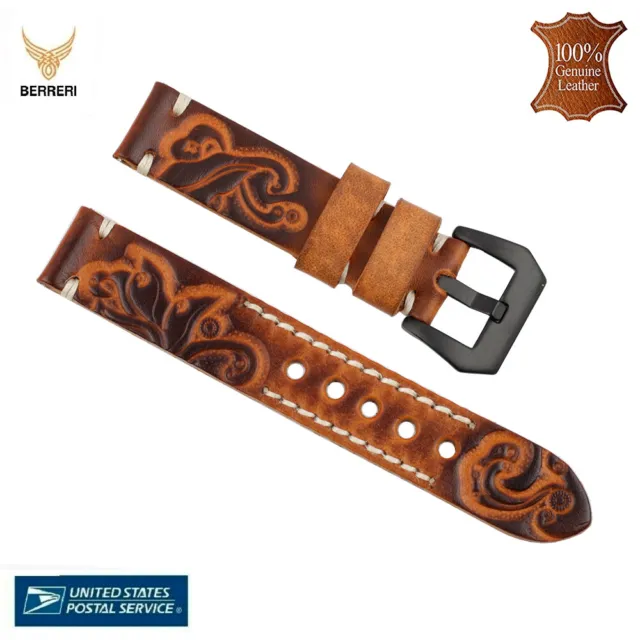 Genuine Leather Engraved Watch Strap Band Vintage 18mm 20mm 22mm 24mm US STOCK