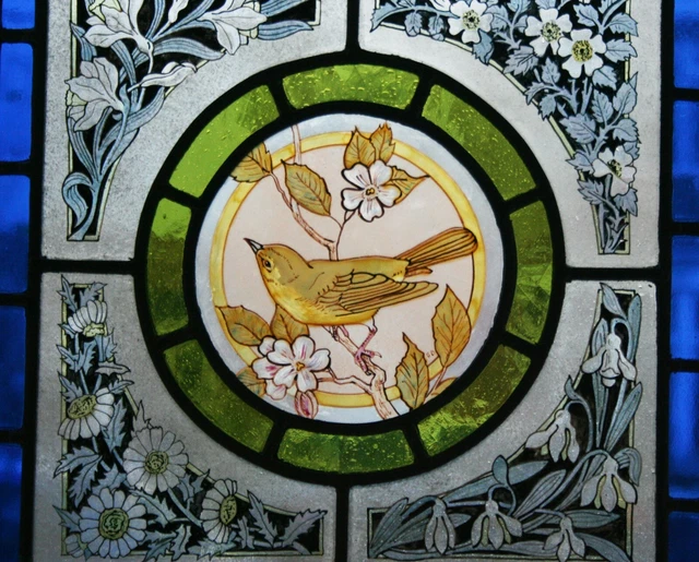 TRADITIONAL VICTORIAN DESIGN stained glass with Wood Warbler rondel and ...
