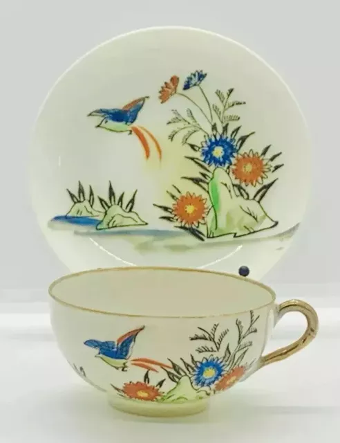 Vintage Cup Saucer Duo Japanese Eggshell Porcelain Gilt Handpainted Bird Flowers