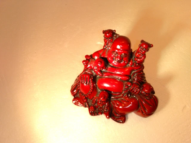 Buddha figure red cinnabar w children happiness wealth vintage Happy