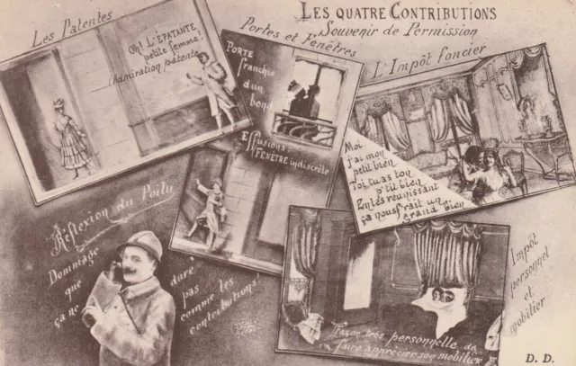 AC452 CPA fantaisie militaire - Les Quatre Contributions Souvenir de Permission